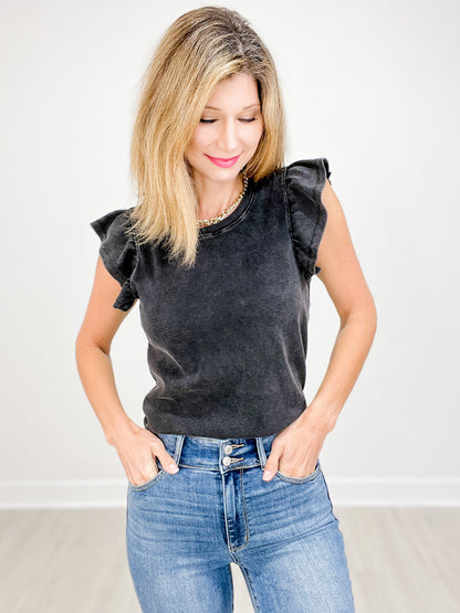 Washed Ribbed Flutter Sleeve Knit Tank Top