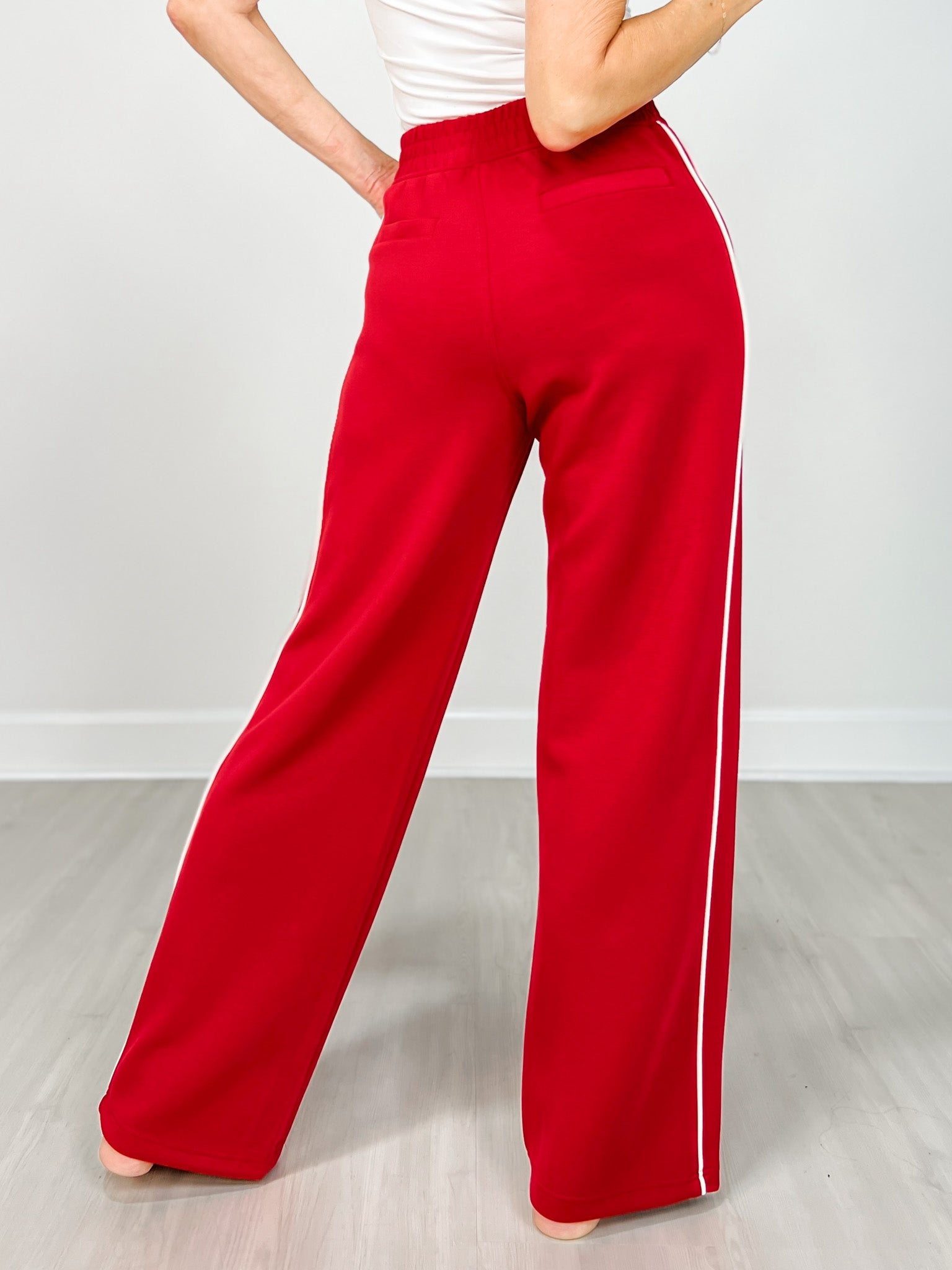 Modal Scuba Stripe Piping Straight Pant in True Red Cream