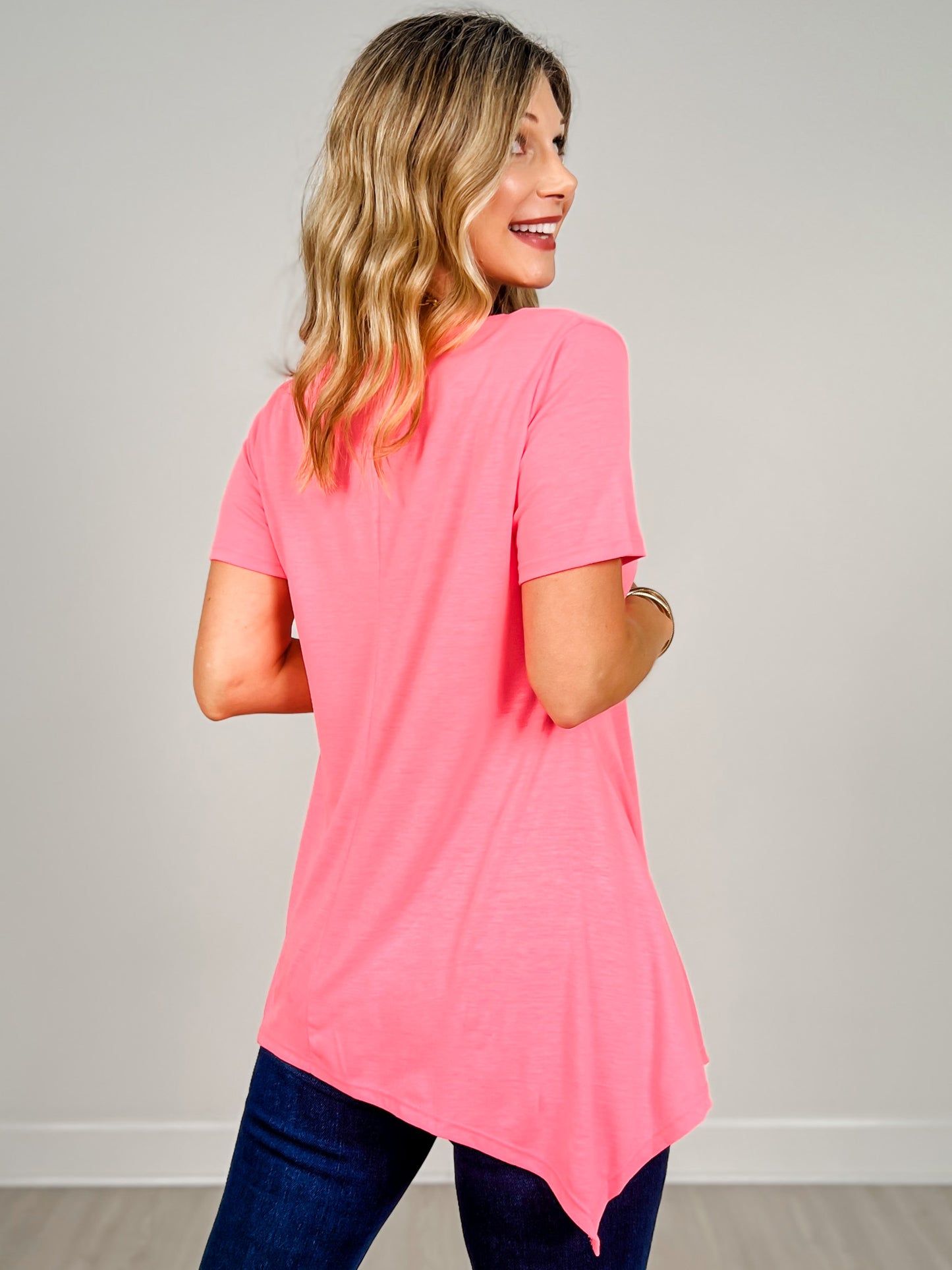Short Sleeve V-Neck Solid Top with Draped Hemline