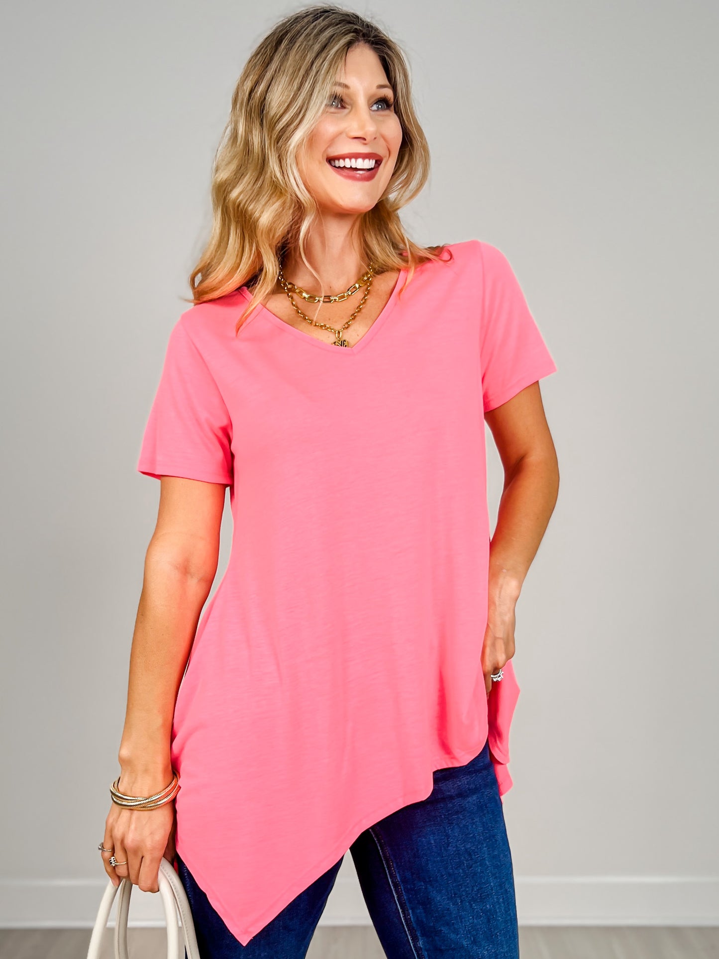 Short Sleeve V-Neck Solid Top with Draped Hemline