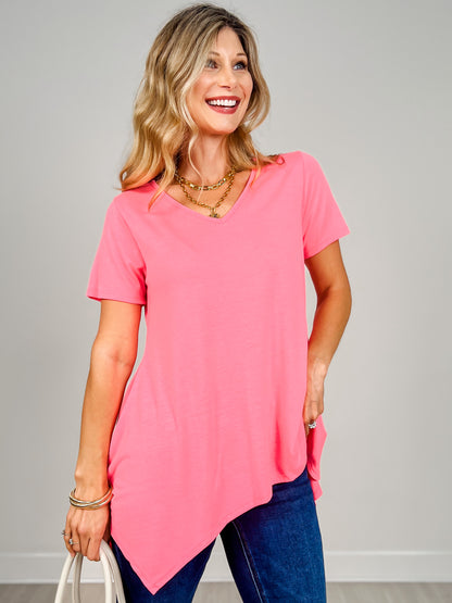 Short Sleeve V-Neck Solid Top with Draped Hemline