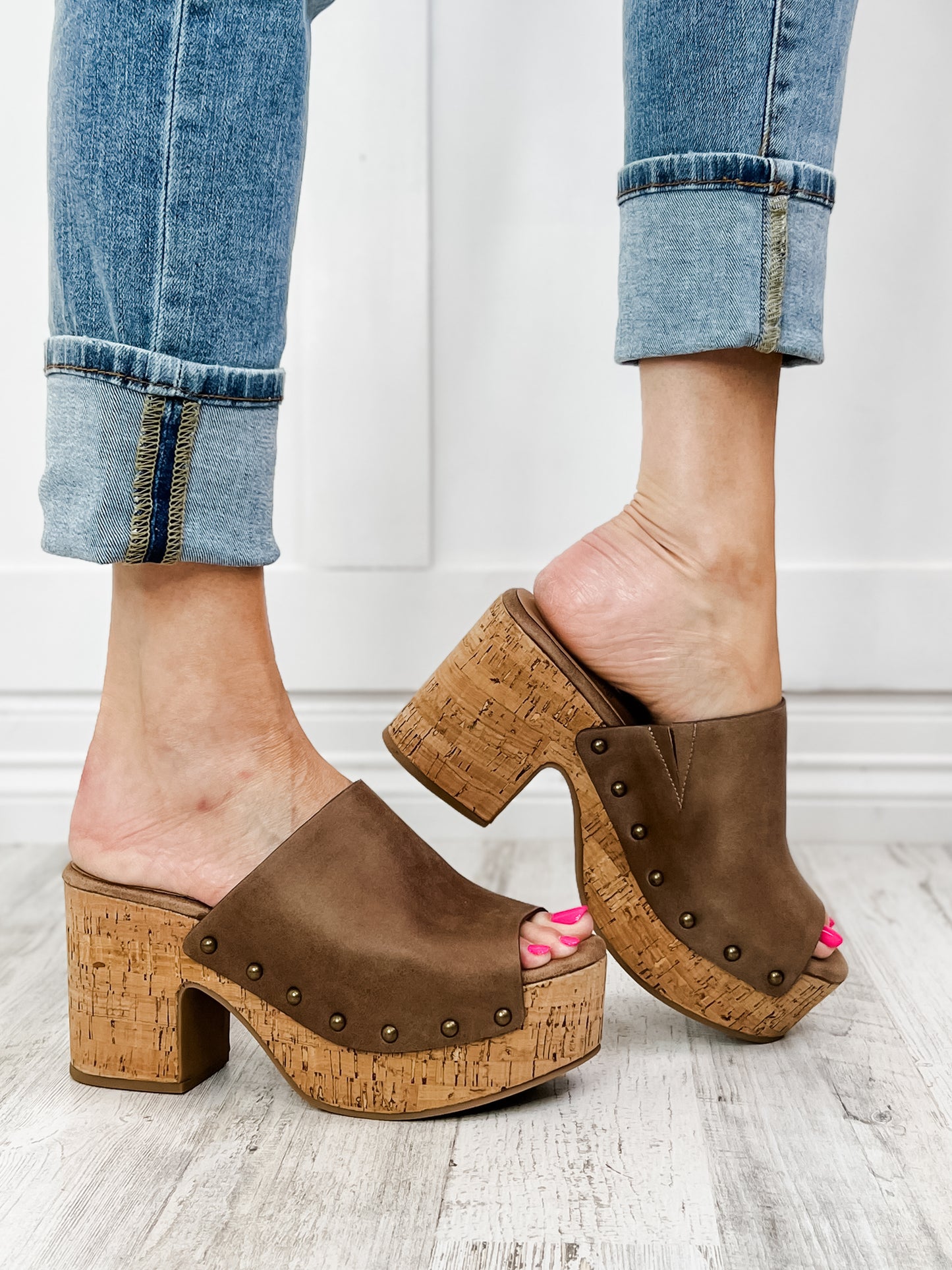 Corkys Bada Bing Clog Wedges in Brown Distressed