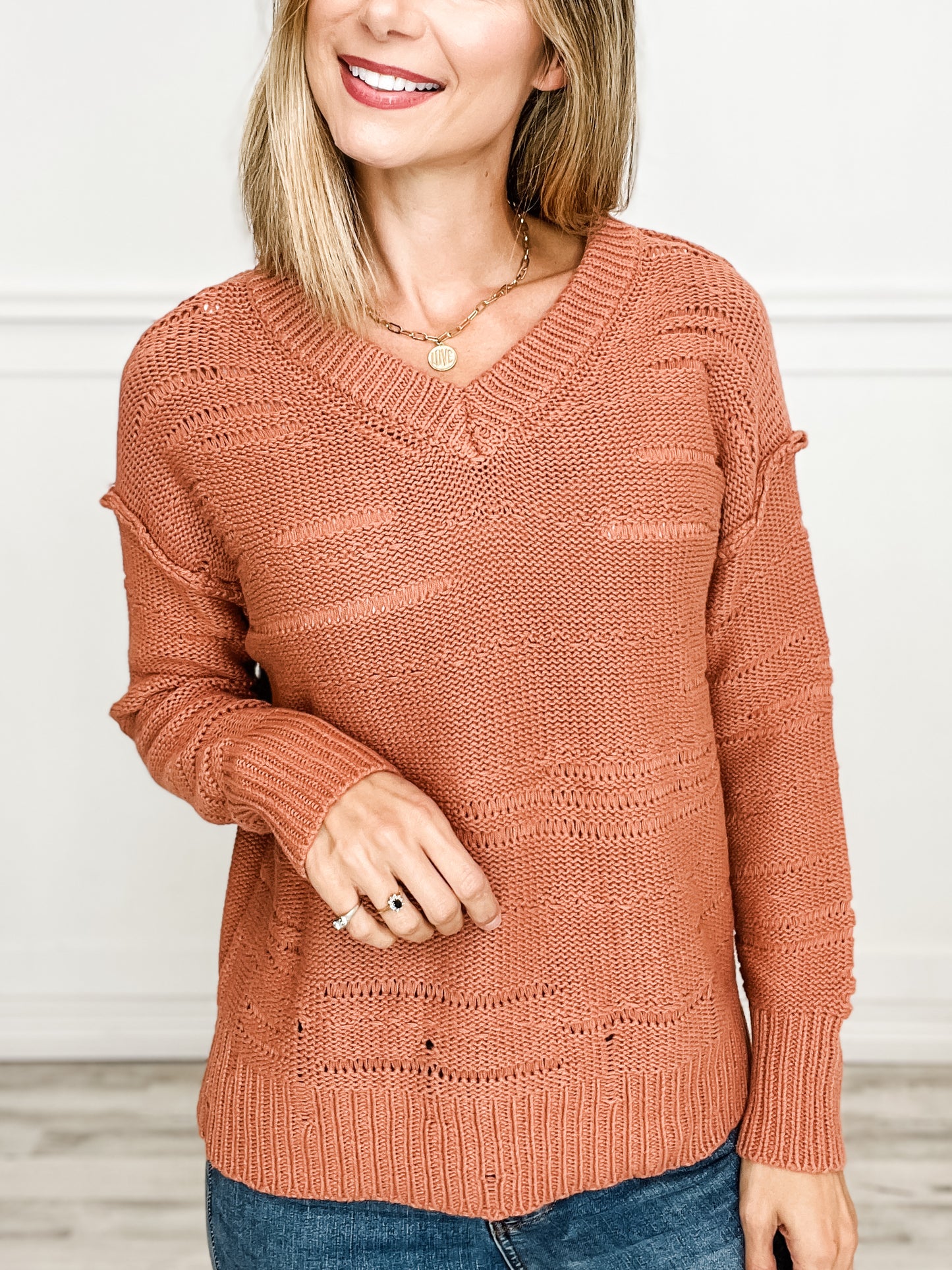 Distressed Detail V-Neck Pullover Sweater