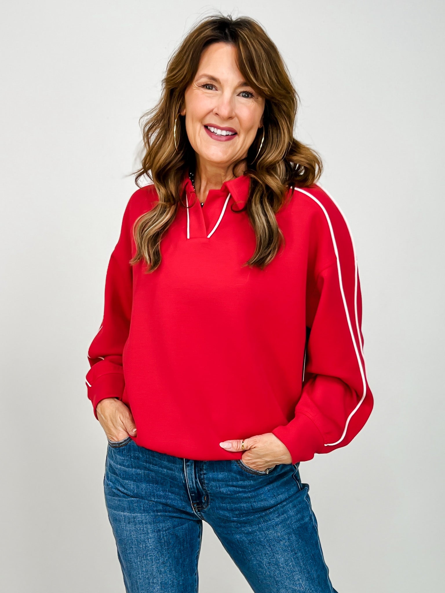 Modal Scuba Piping Polo Top in True Red Cream