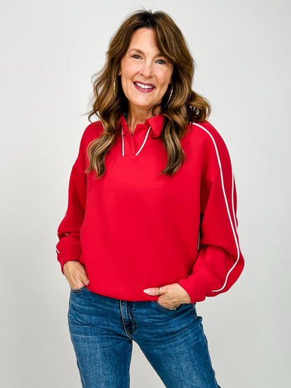 Modal Scuba Piping Polo Top in True Red Cream