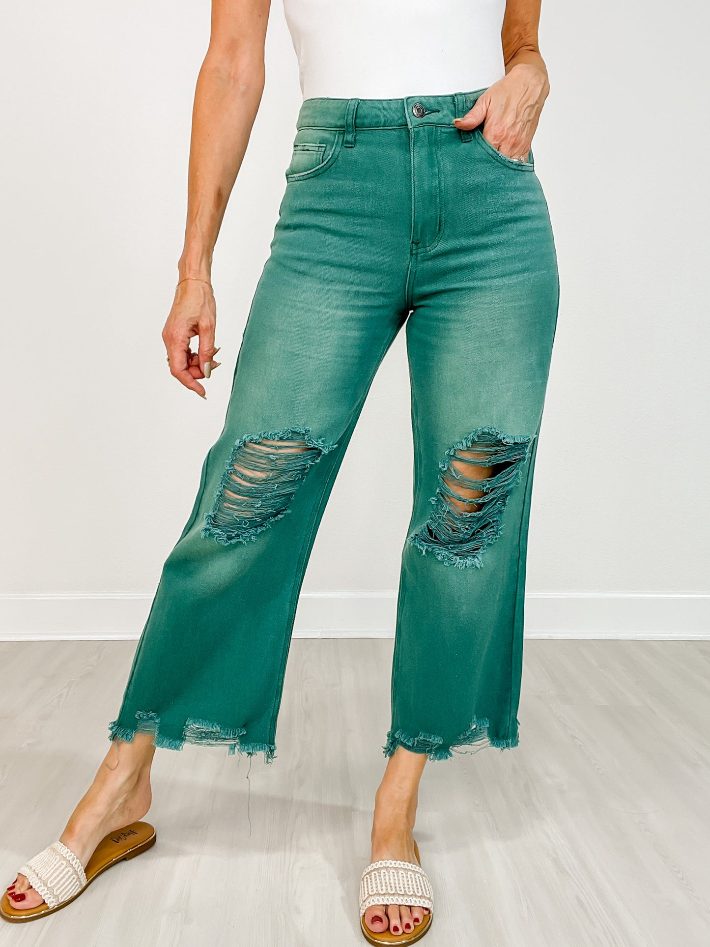 High Rise Distressed Light Weight Wide Leg Jeans