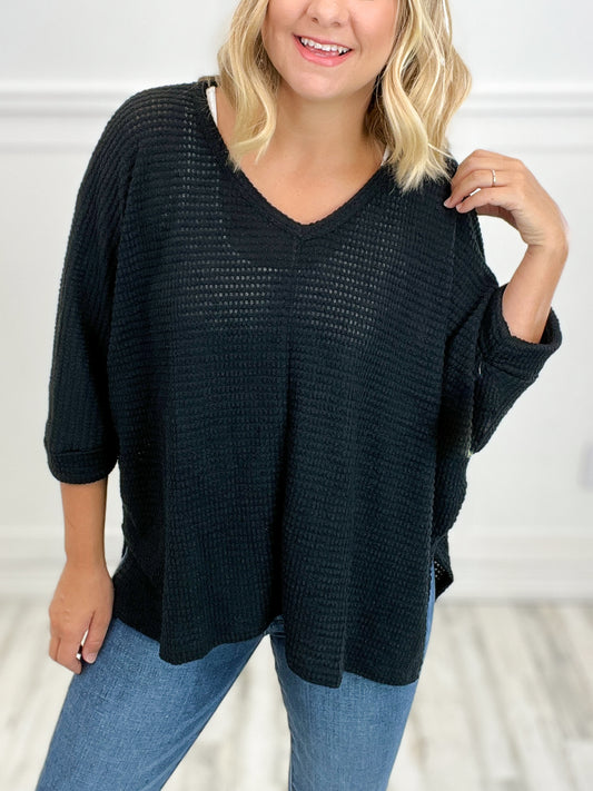 Sittin On The Dock of The Bay 3/4 Sleeve V-Neck Jacquard Sweater Top