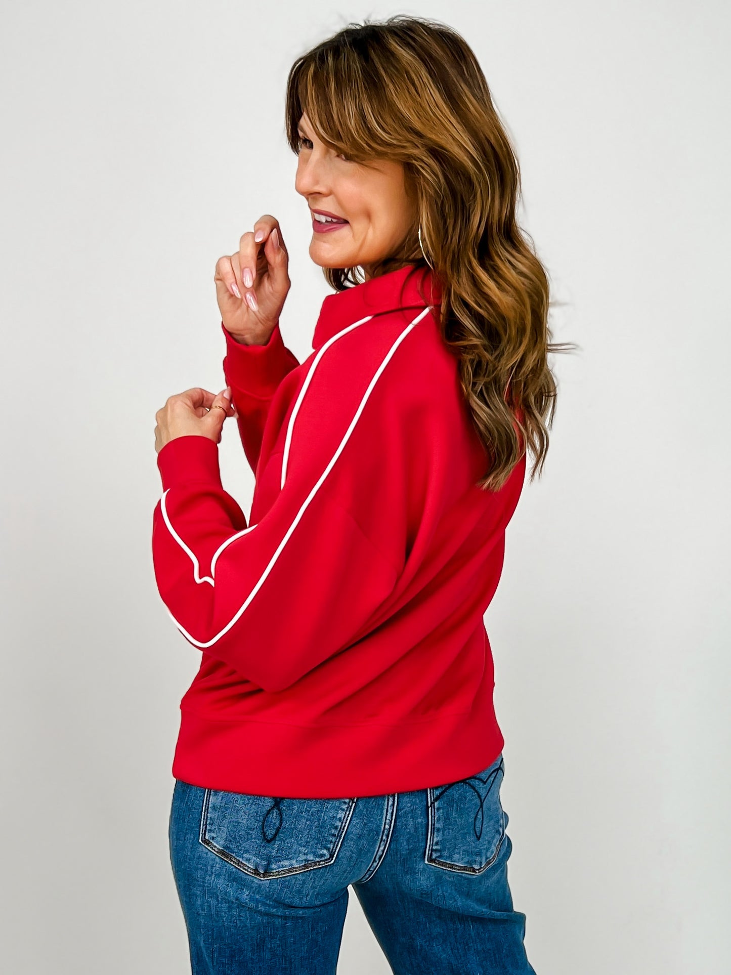 Modal Scuba Piping Polo Top in True Red Cream