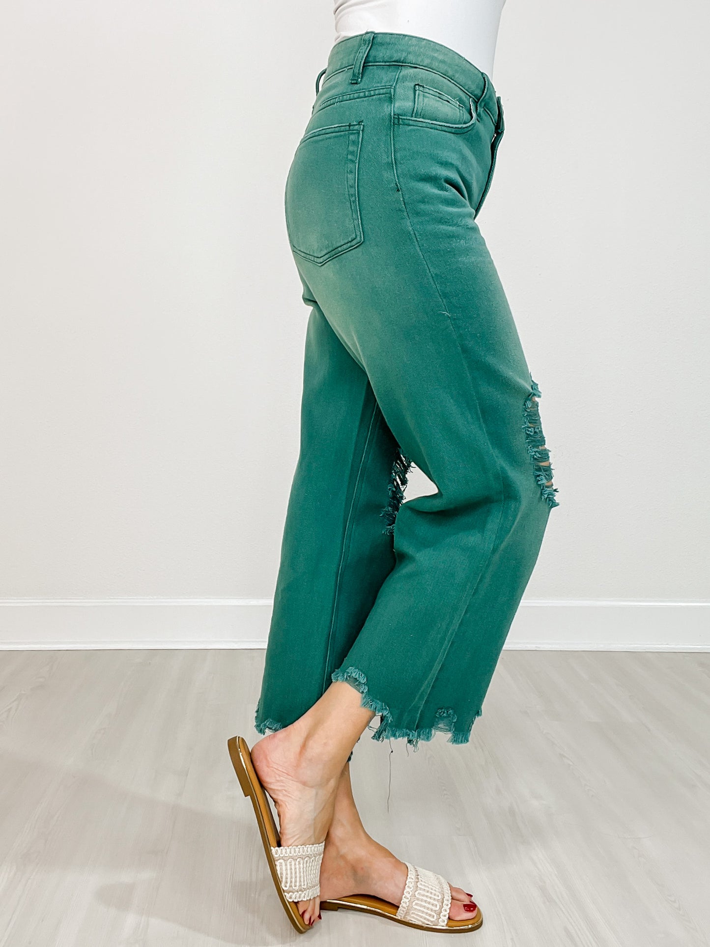 High Rise Distressed Light Weight Wide Leg Jeans