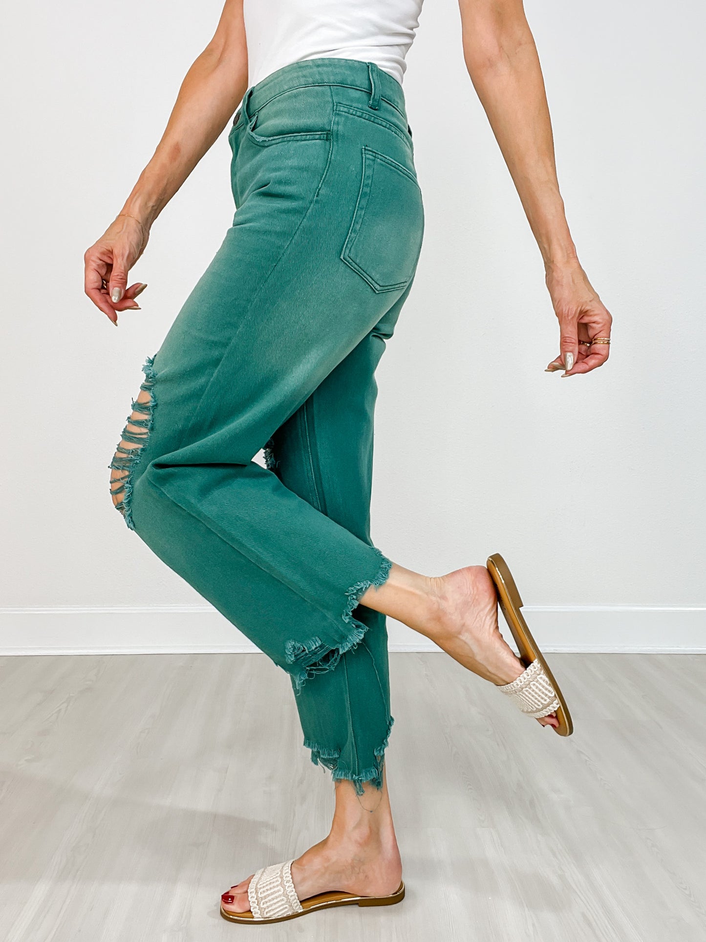 High Rise Distressed Light Weight Wide Leg Jeans