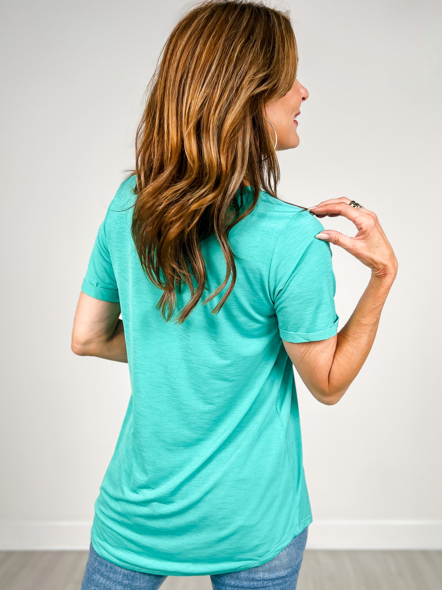 Solid Bulgari Short Sleeve Top With Pocket