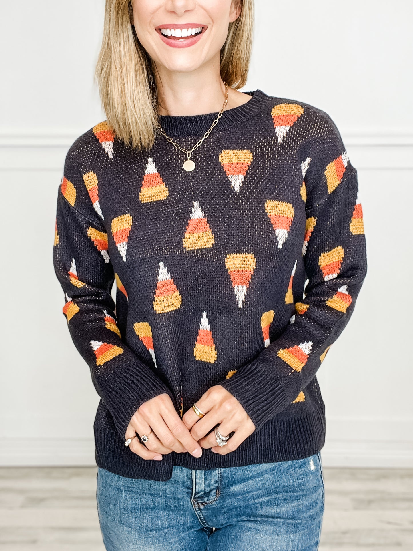 Candy Corn Pattern Crew Neck Pullover Sweater