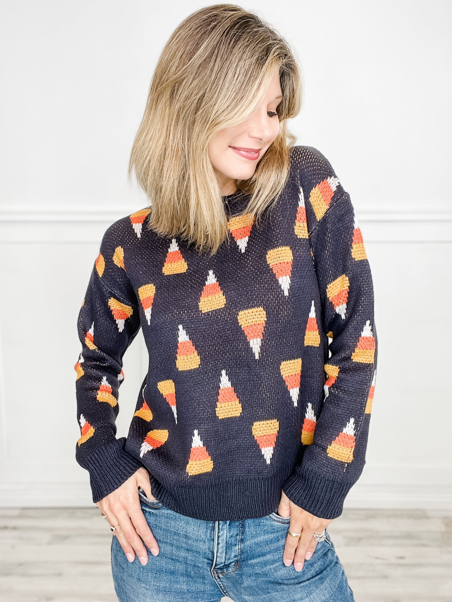 Candy Corn Pattern Crew Neck Pullover Sweater