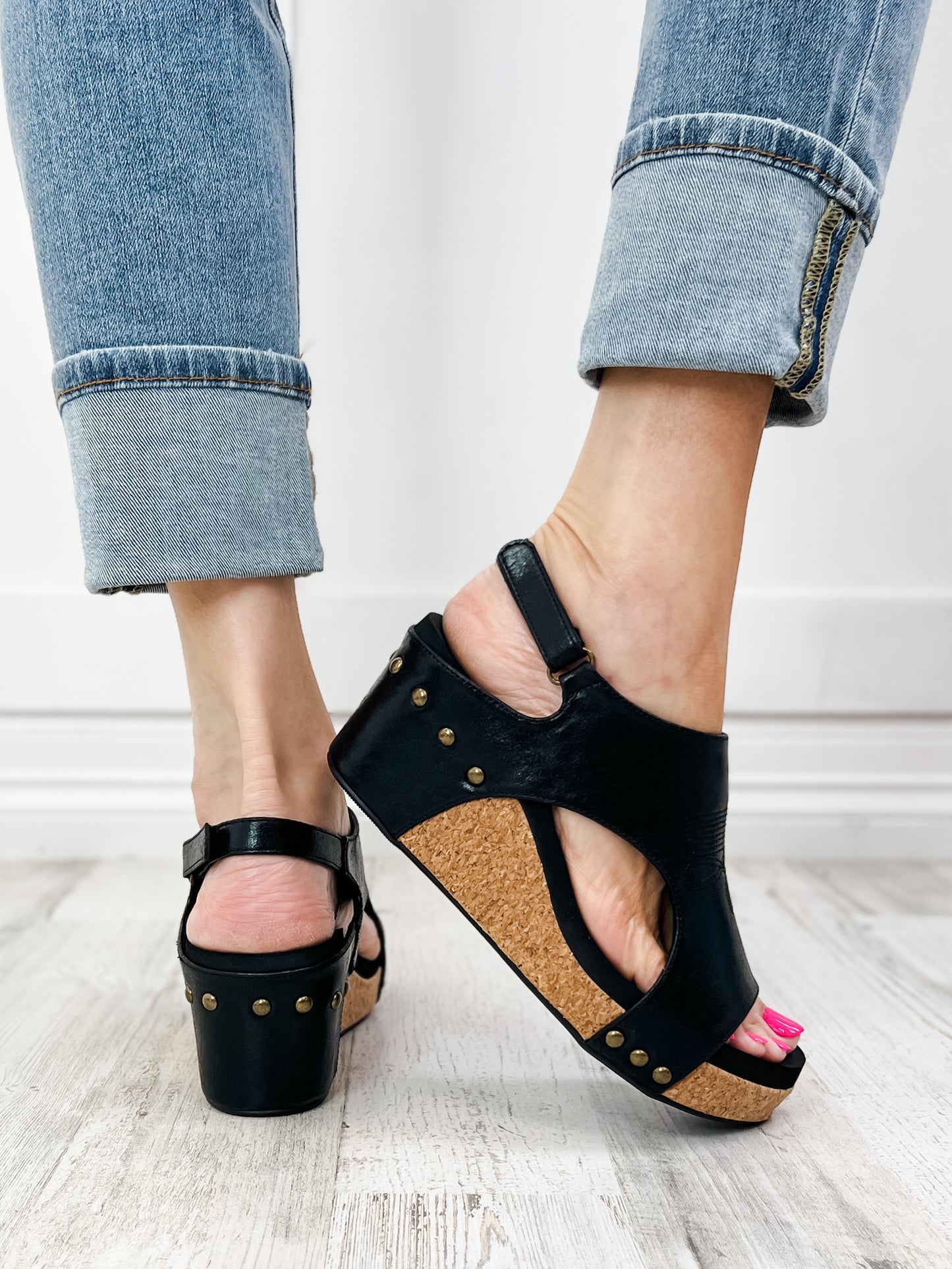 Corkys Carley Black Stitch Wedge Shoe