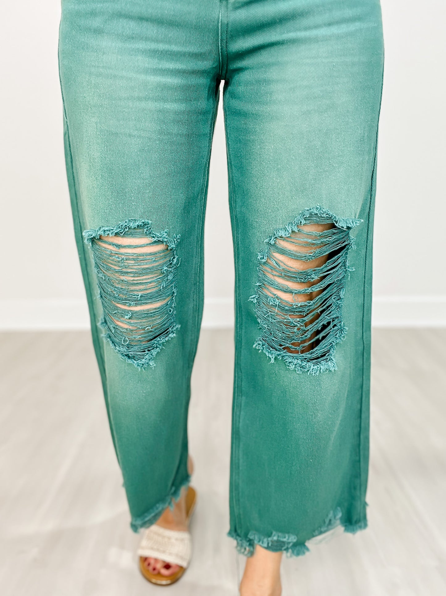 High Rise Distressed Light Weight Wide Leg Jeans
