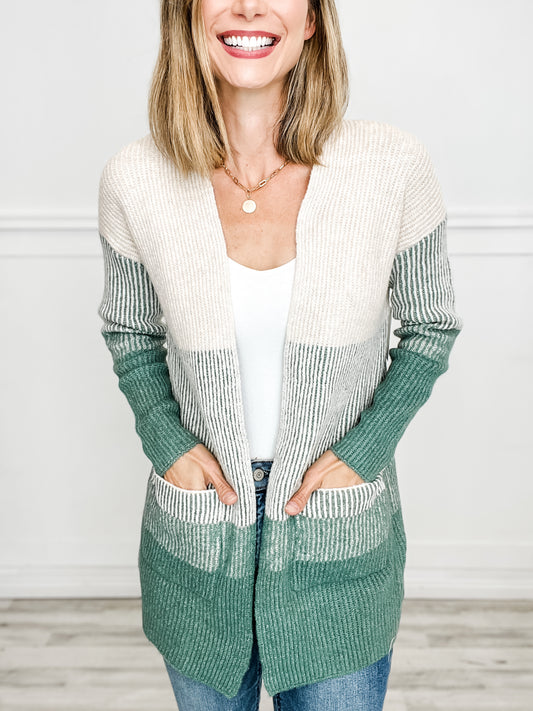 Ribbed Color Block Super Soft Yard Open Front Cardigan in Kale