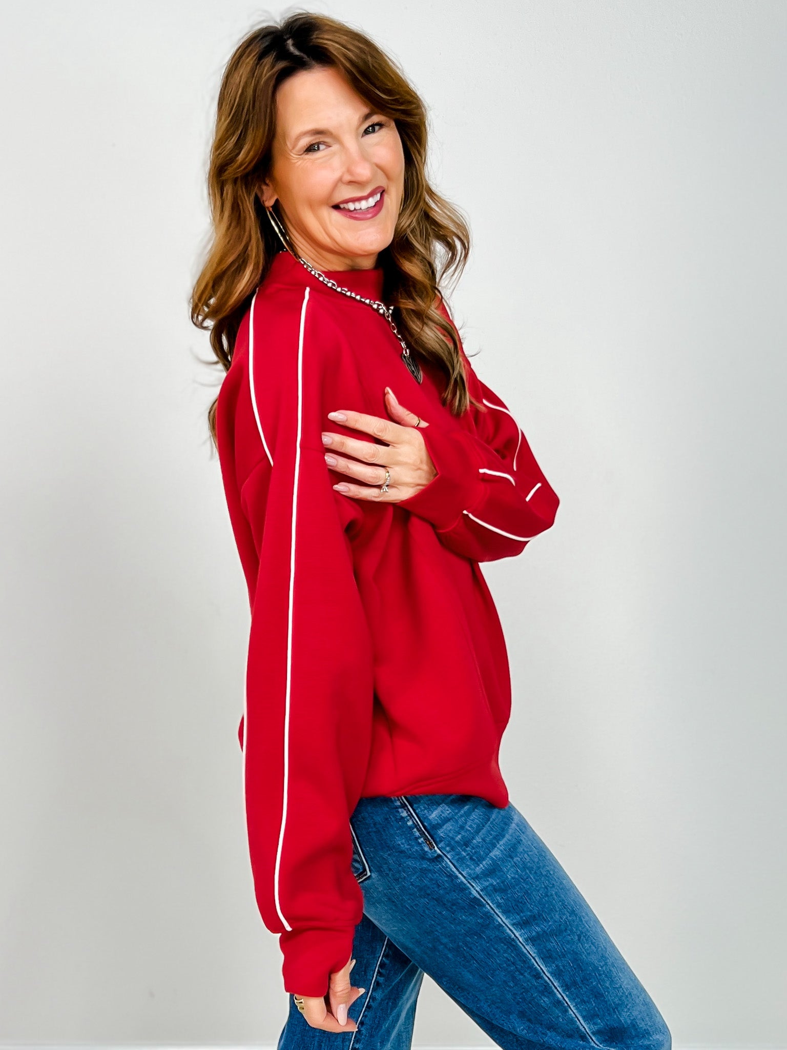 Modal Scuba Piping Mock Neck Top in True Red Cream
