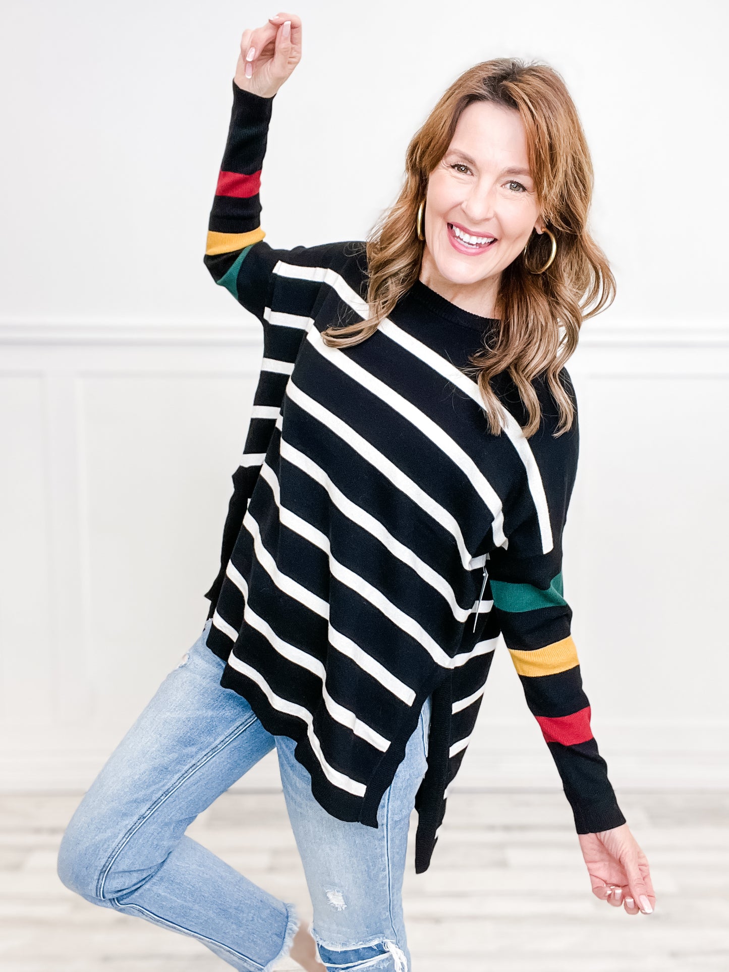 Striped Long Sleeve Side Slit Knitted Sweater