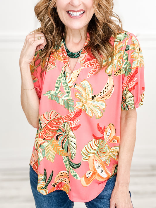 Tropic Print V-Neck Short Sleeve Top