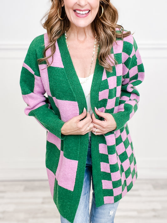 Multi-Checkered Long Sleeve Open Long Sweater Cardigan Top