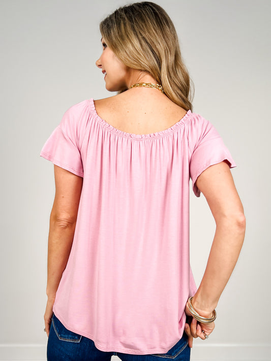 Short Sleeve Ruffled Off Shoulder Solid Top