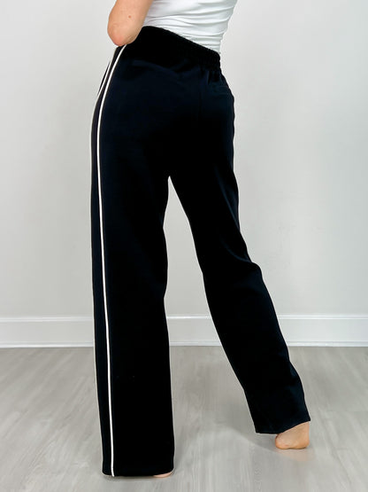 Modal Scuba Stripe Piping Straight Pant in Black Cream