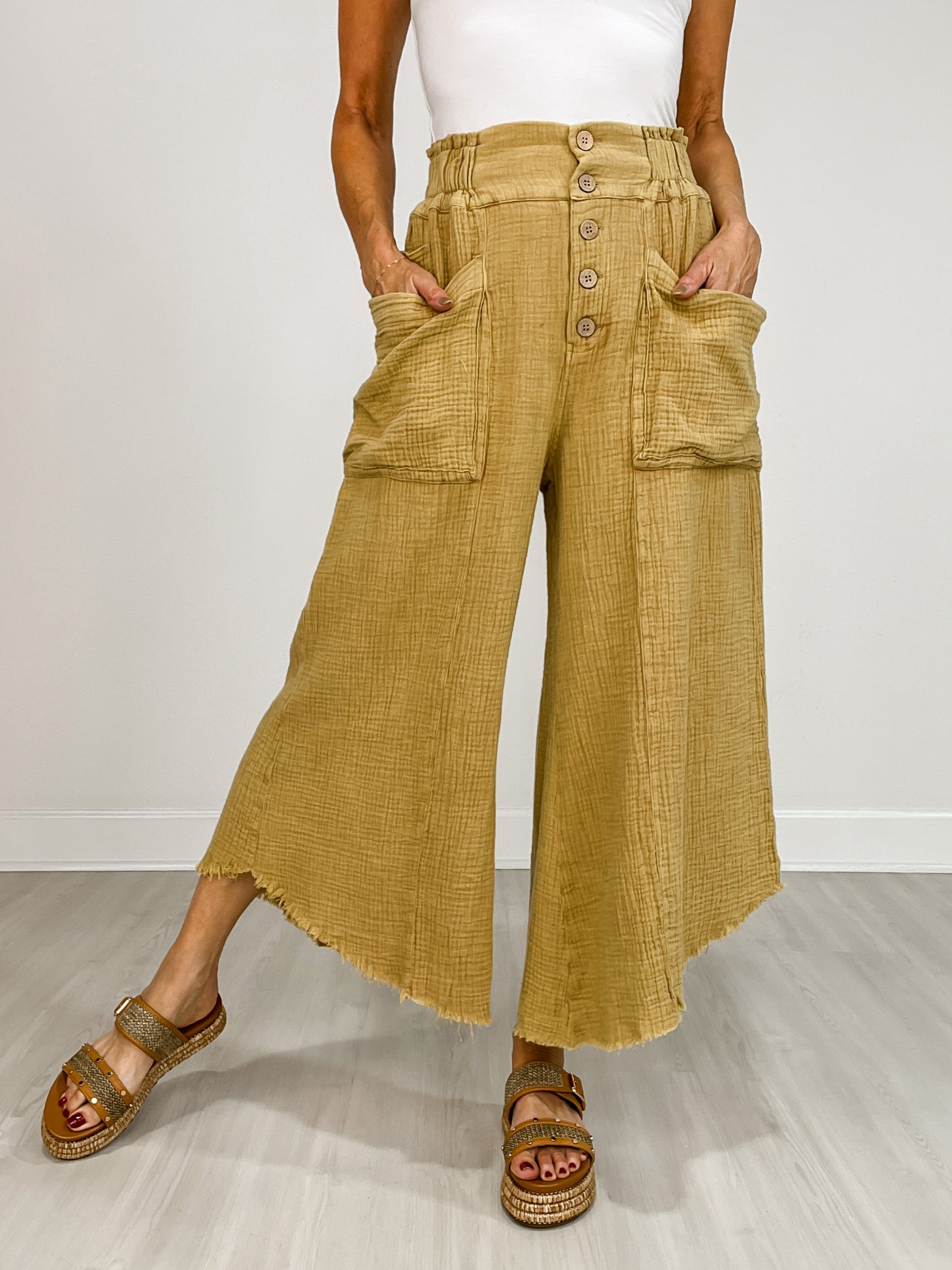 Mineral Washed Linen Frayed Hem Wide Leg Pants