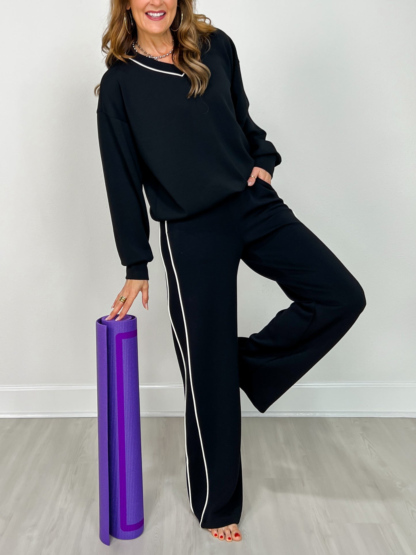 Modal Scuba Stripe Piping Straight Pant in Black Cream