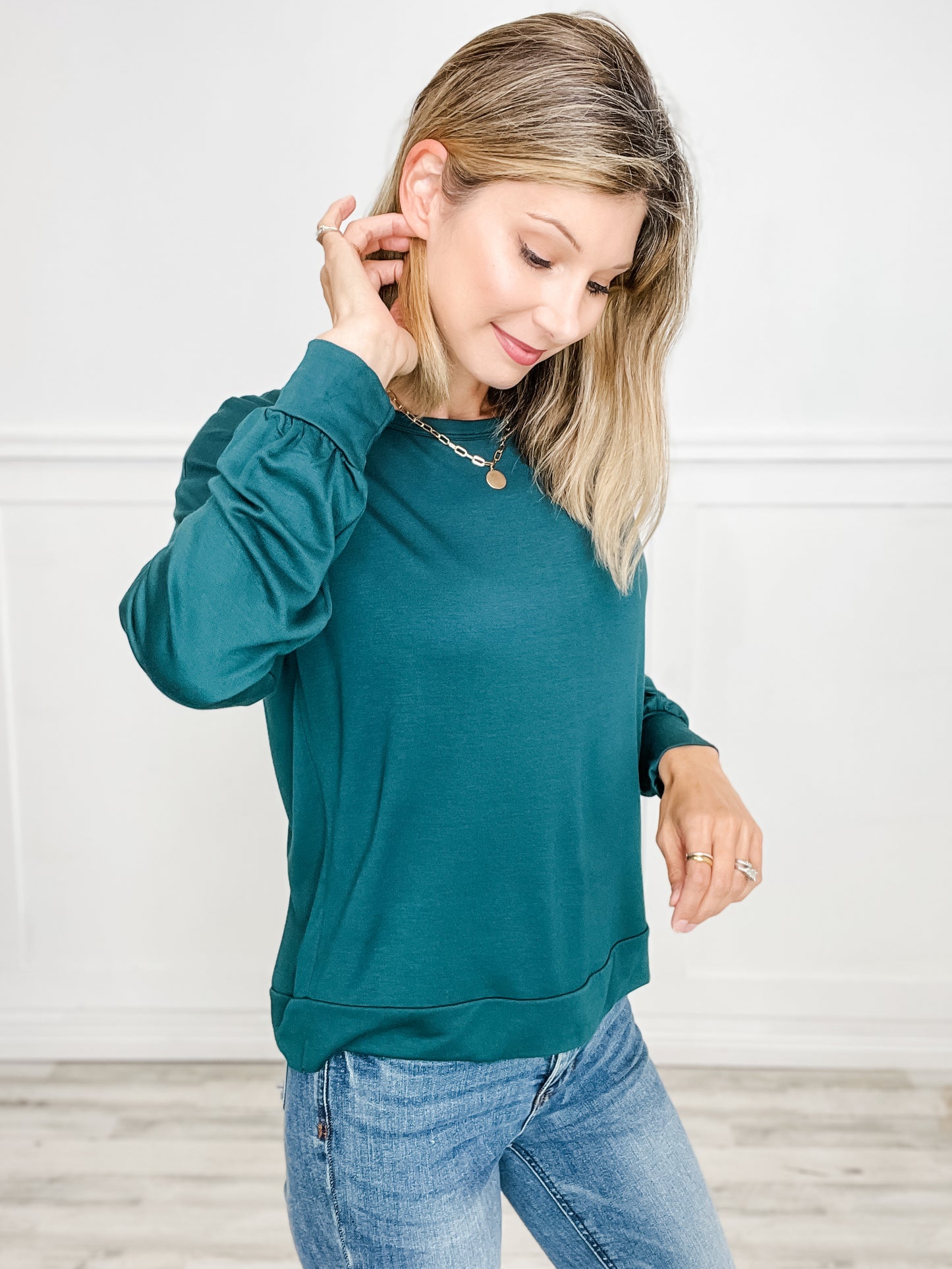 Crew Neck Long Sleeve Relaxed Fit Rayon Terry Top