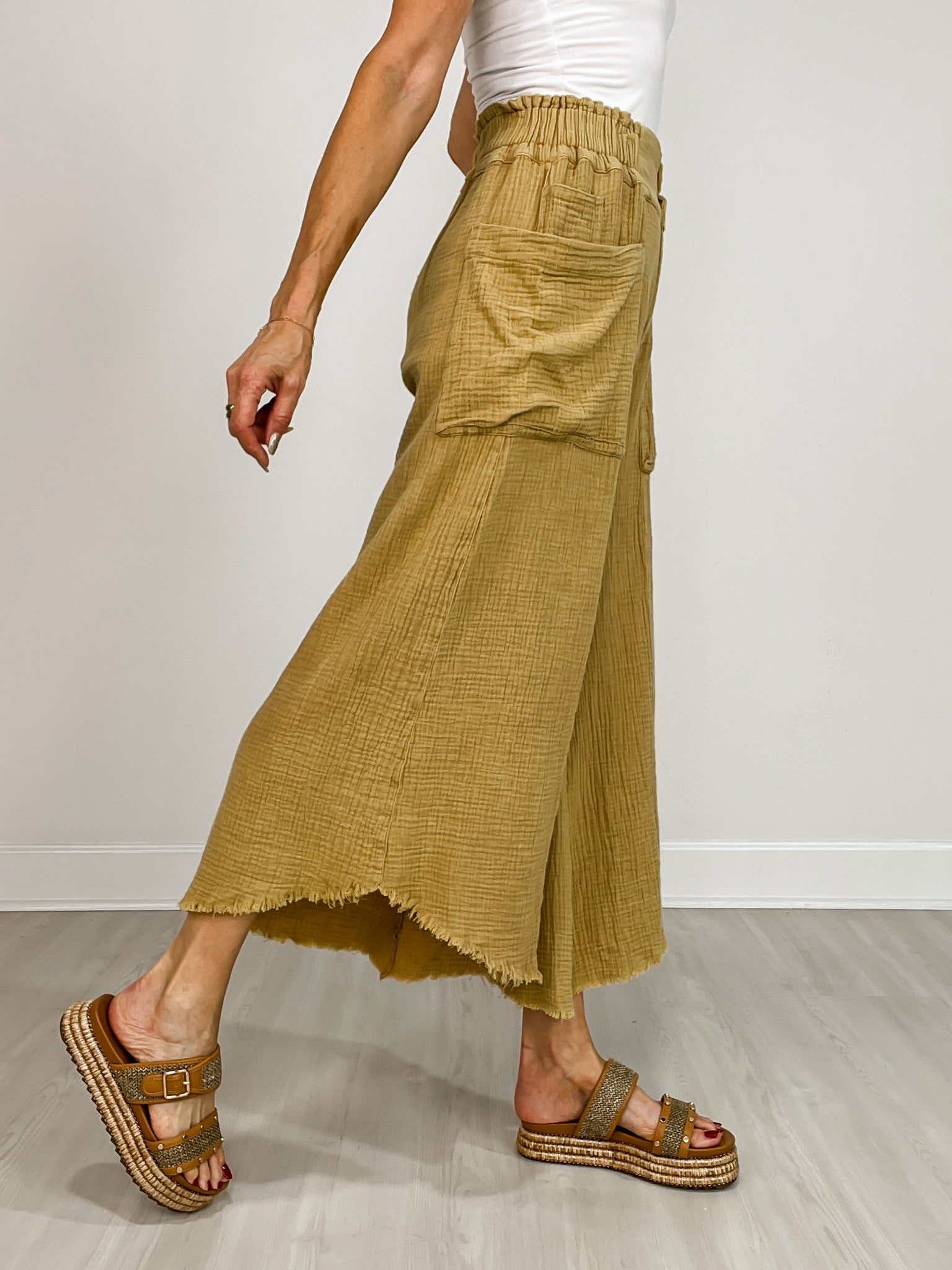 Mineral Washed Linen Frayed Hem Wide Leg Pants