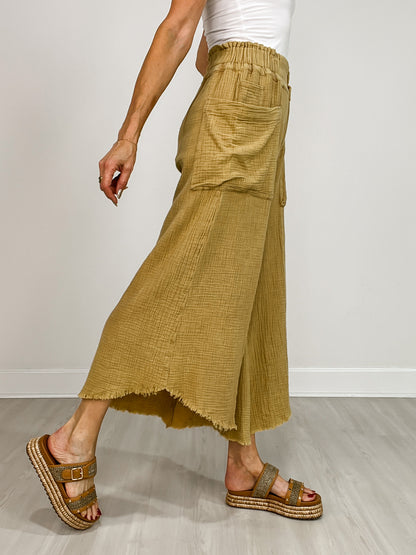 Mineral Washed Linen Frayed Hem Wide Leg Pants