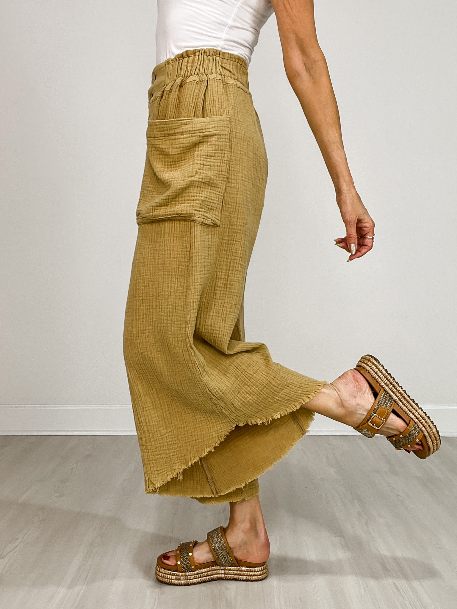 Mineral Washed Linen Frayed Hem Wide Leg Pants