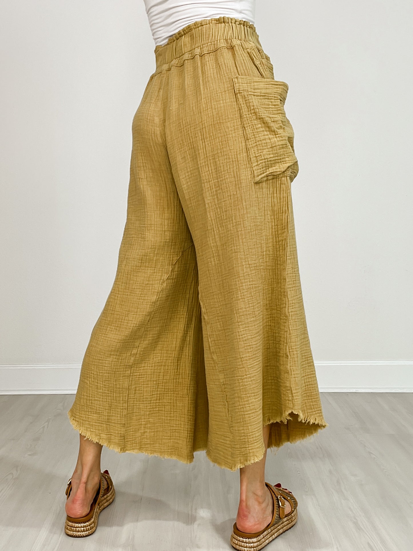 Mineral Washed Linen Frayed Hem Wide Leg Pants