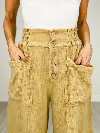 Mineral Washed Linen Frayed Hem Wide Leg Pants