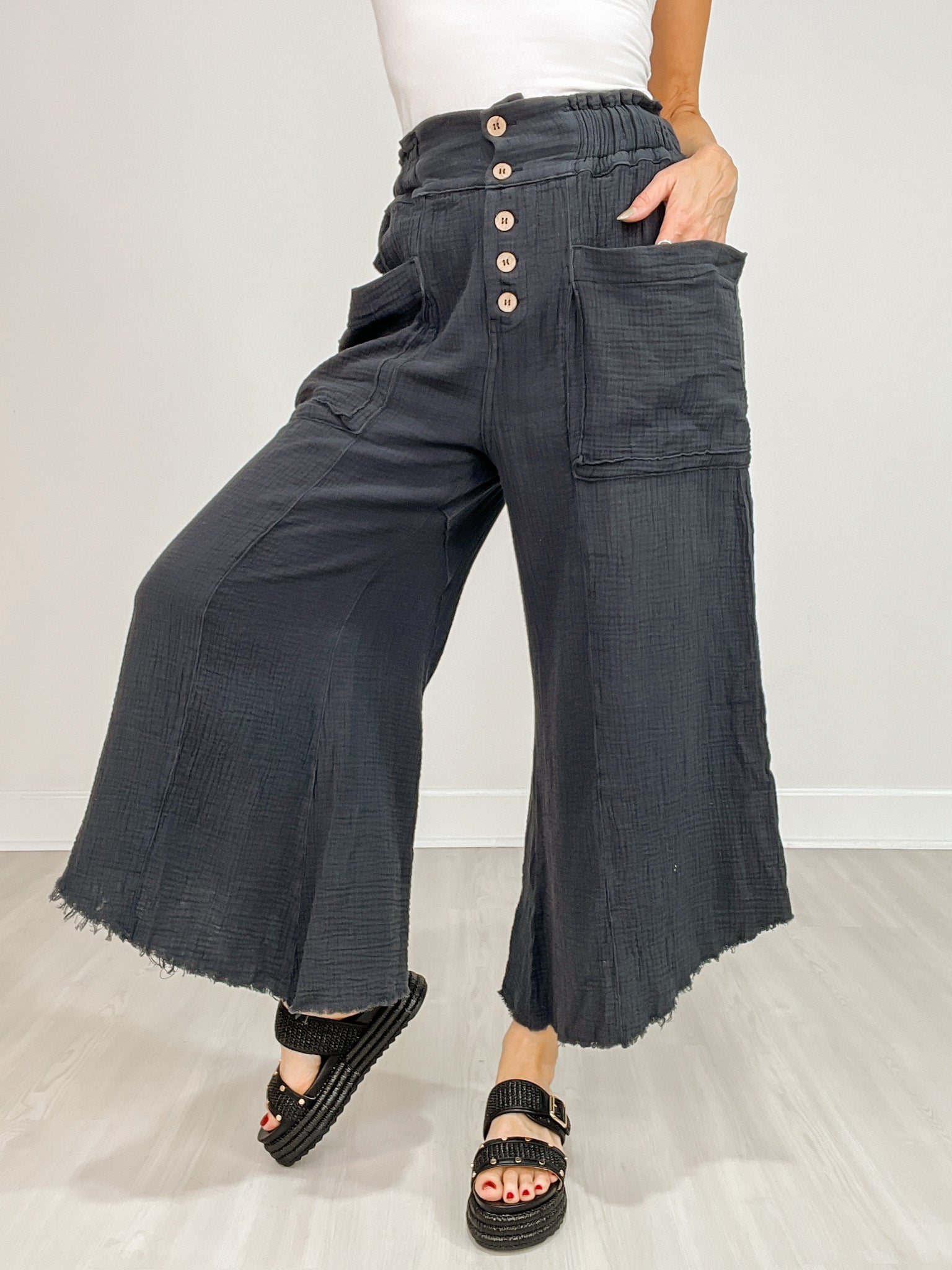 Mineral Washed Linen Frayed Hem Wide Leg Pants