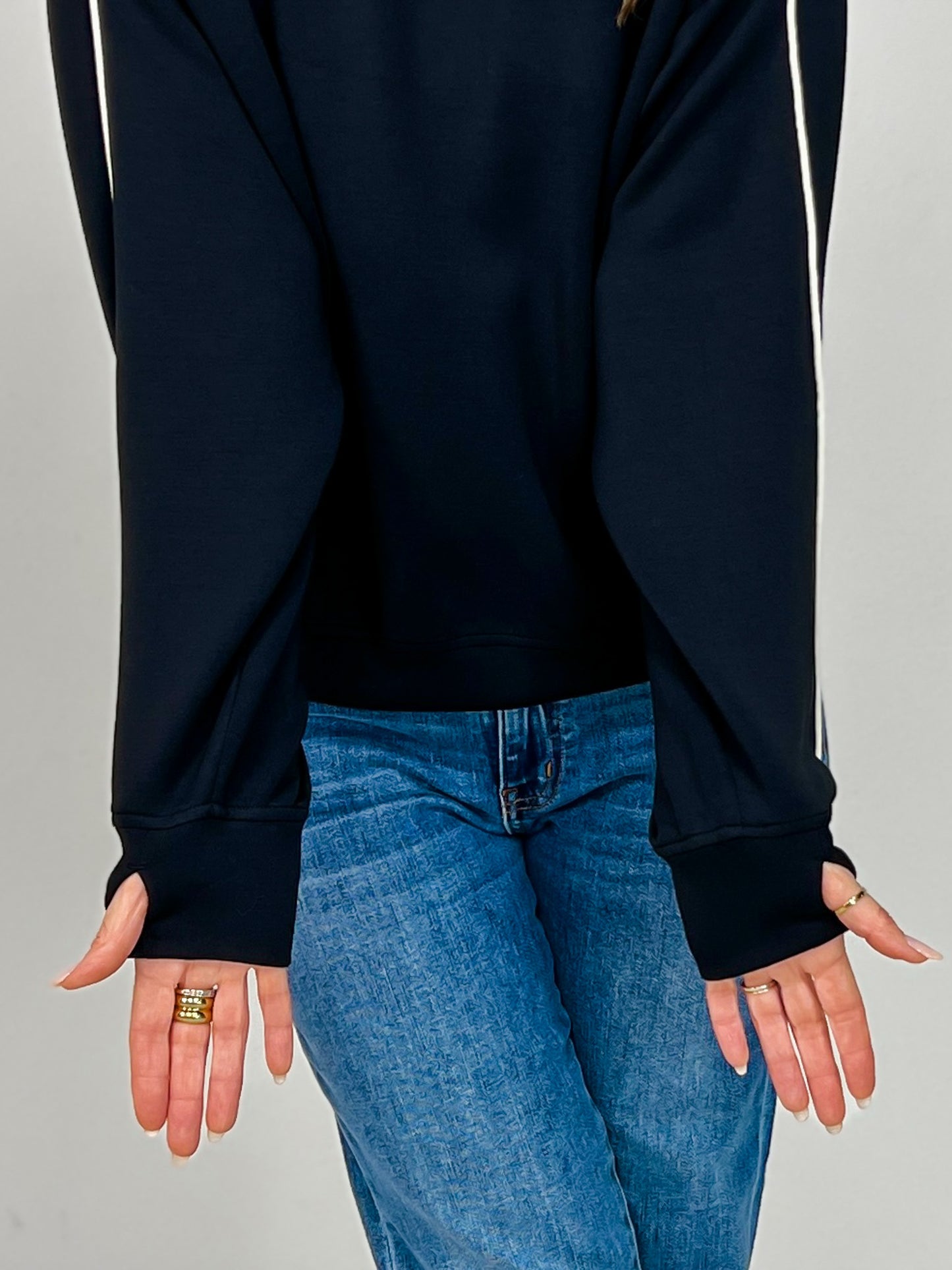 Modal Scuba Piping Mock Neck Top in Black Cream