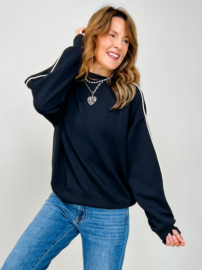 Modal Scuba Piping Mock Neck Top in Black Cream