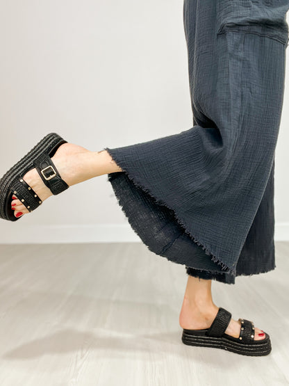 Mineral Washed Linen Frayed Hem Wide Leg Pants