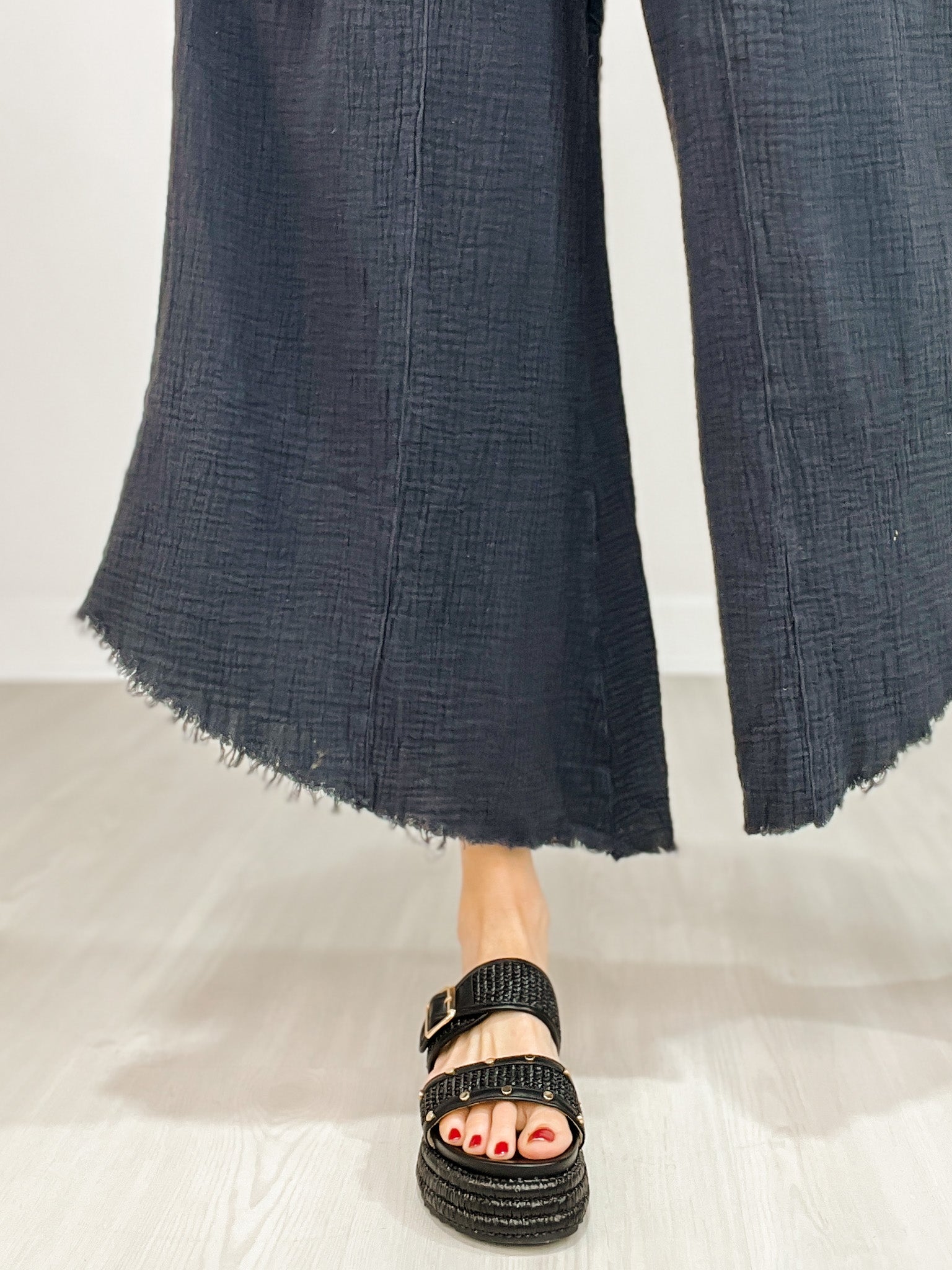 Mineral Washed Linen Frayed Hem Wide Leg Pants