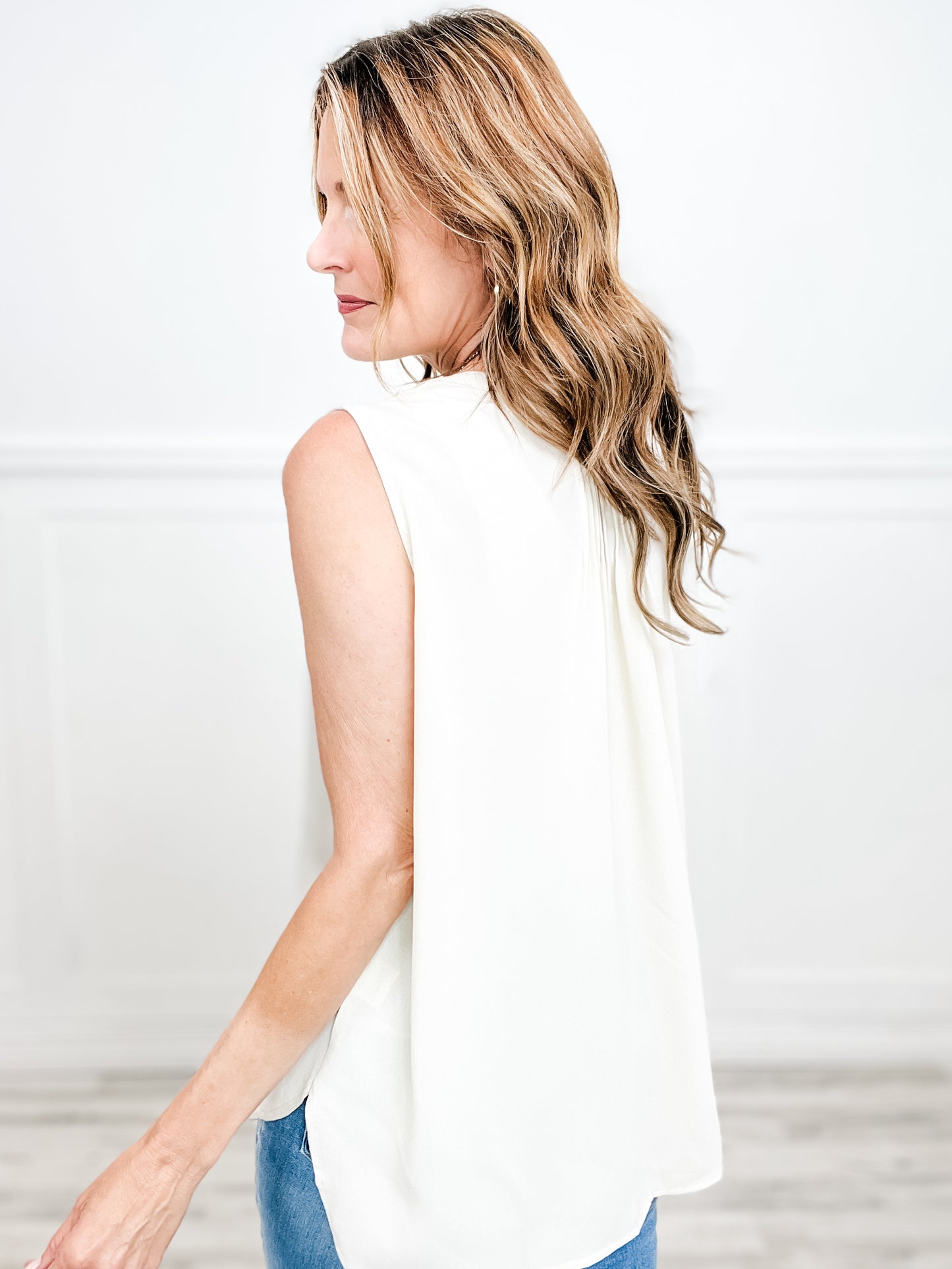 Sleeveless Woven Top With Back Pintuck Detail