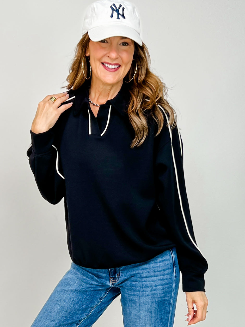Modal Scuba Piping Polo Top in Black Cream