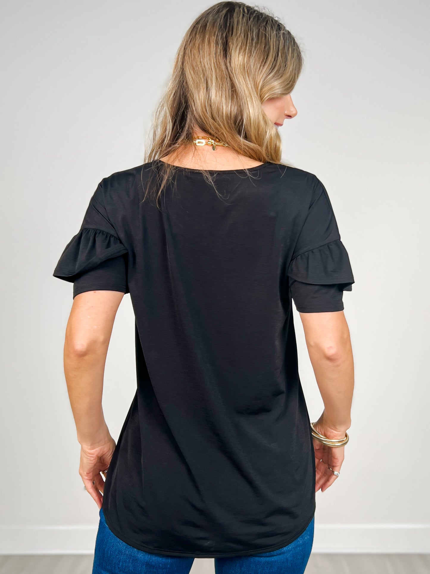 Ruffled Sleeve Solid Bulgari V-Neck Top