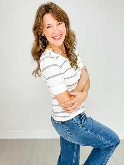 Classic Ribbed Striped Henley Neck Short Sleeve Top