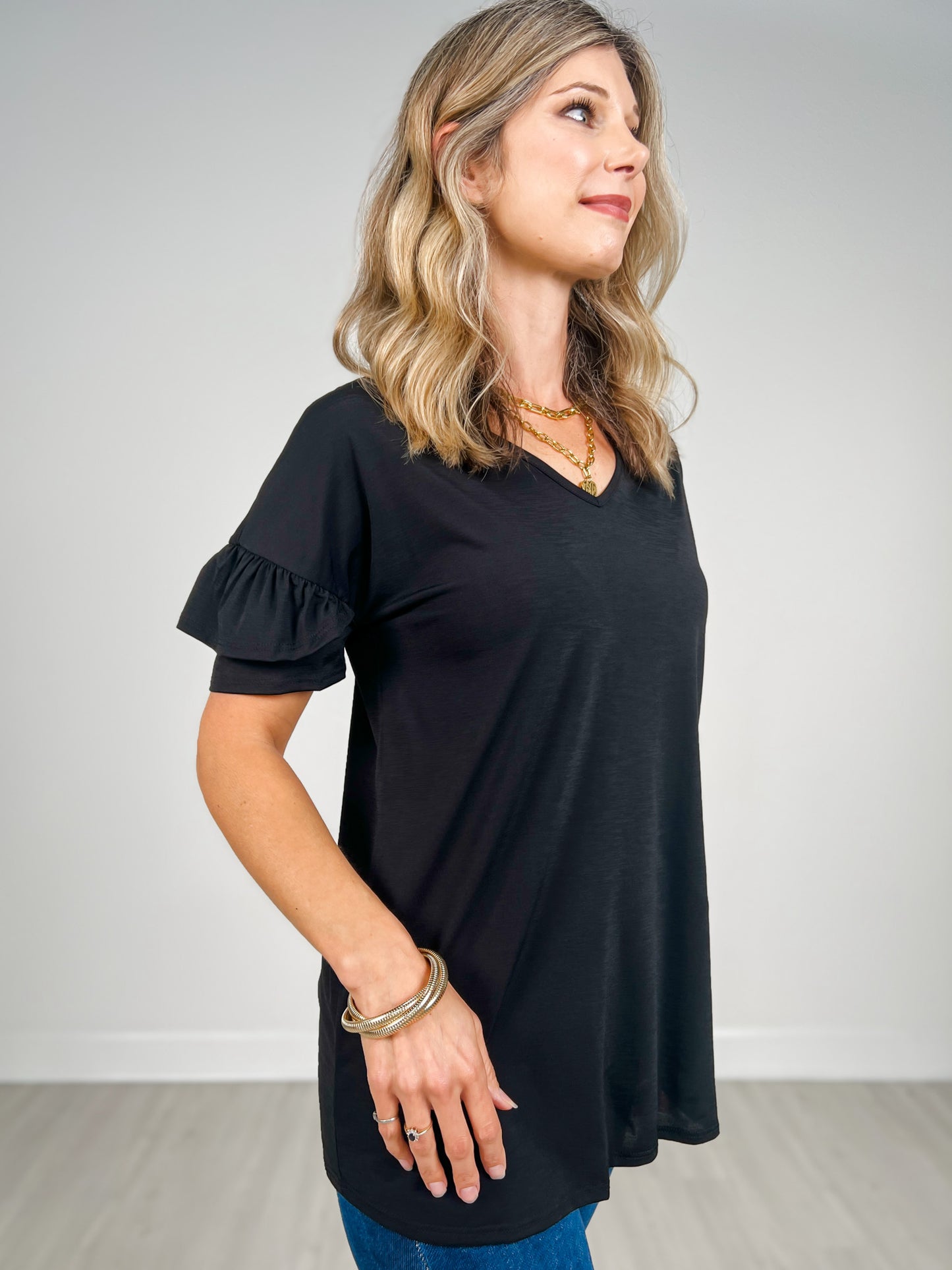 Ruffled Sleeve Solid Bulgari V-Neck Top