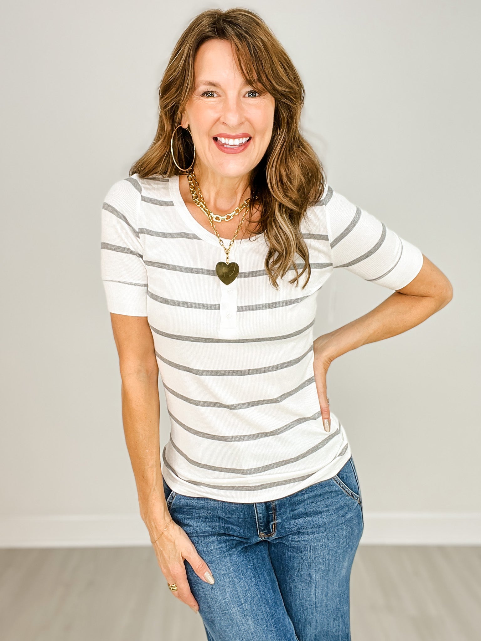 Classic Ribbed Striped Henley Neck Short Sleeve Top
