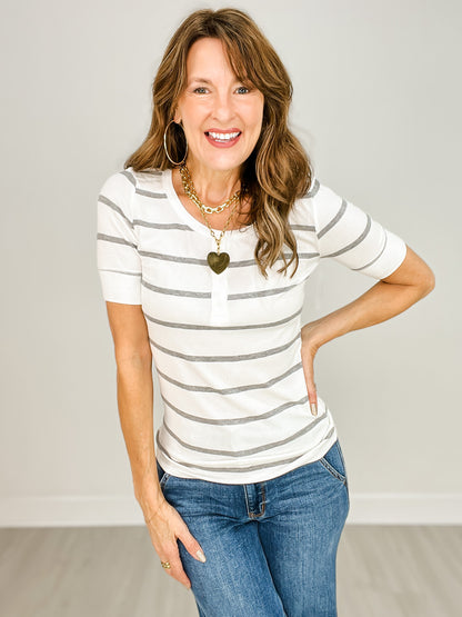 Classic Ribbed Striped Henley Neck Short Sleeve Top