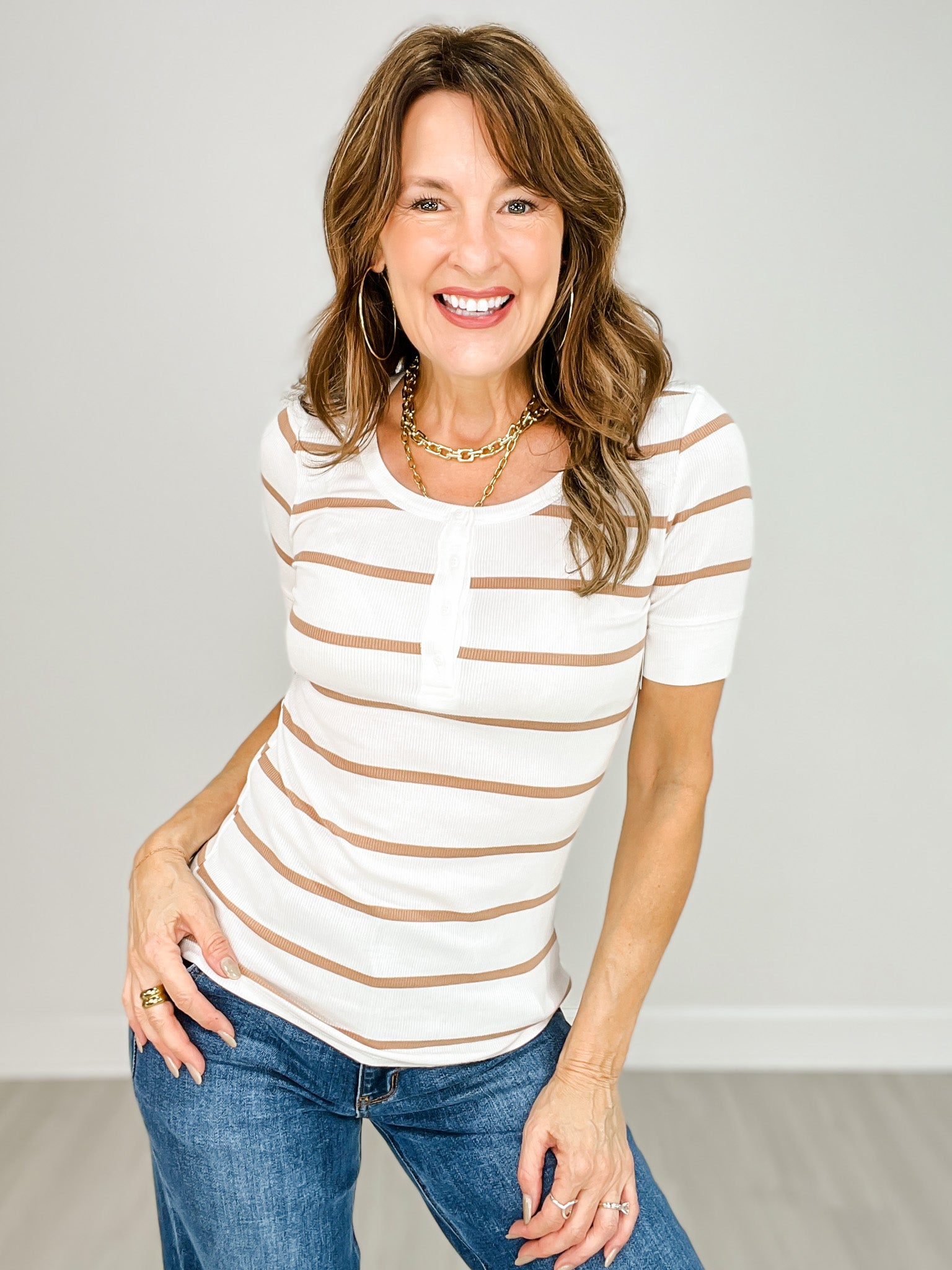 Classic Ribbed Striped Henley Neck Short Sleeve Top