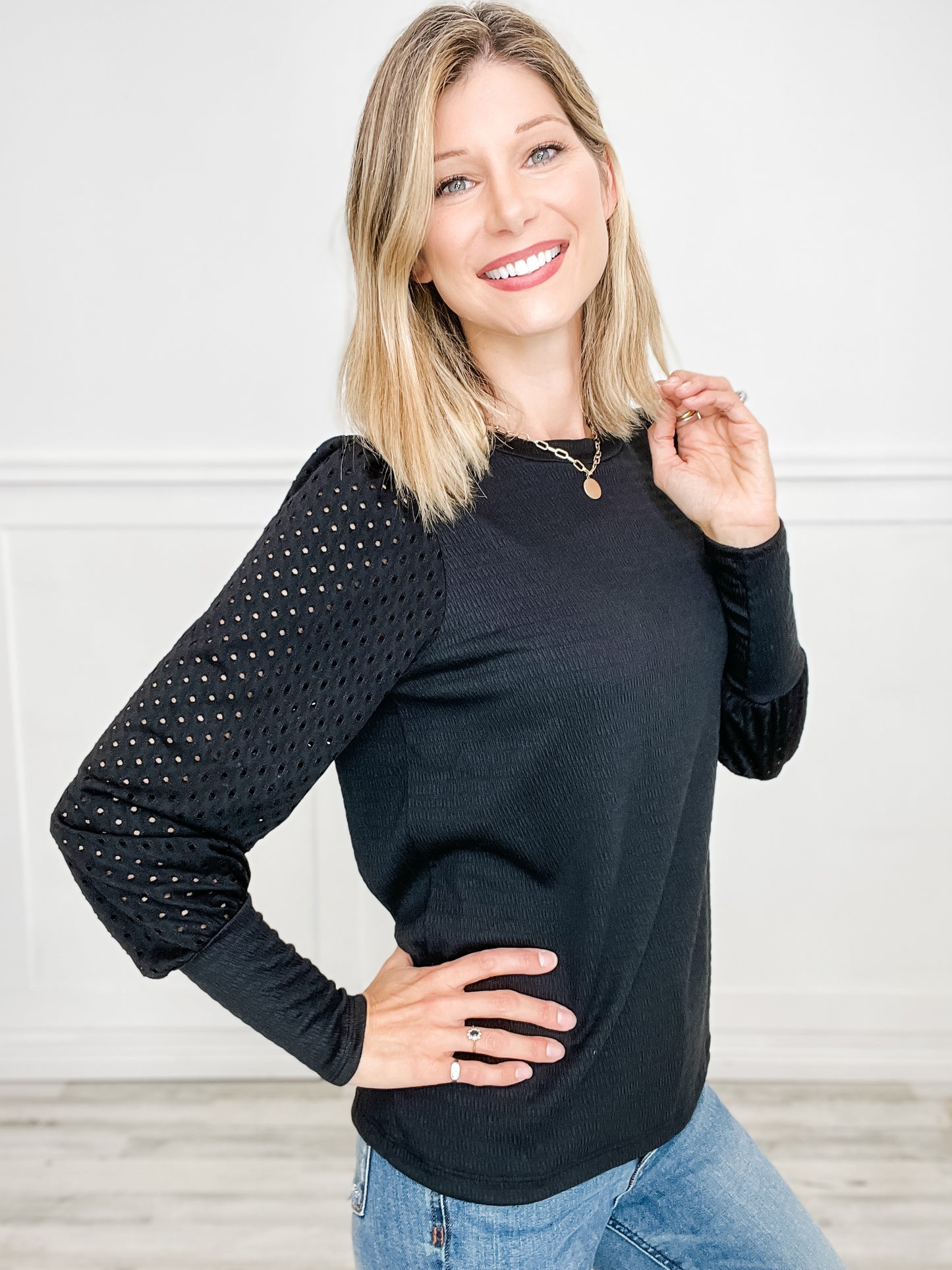 Puff Eyelet Crew  Neck Top