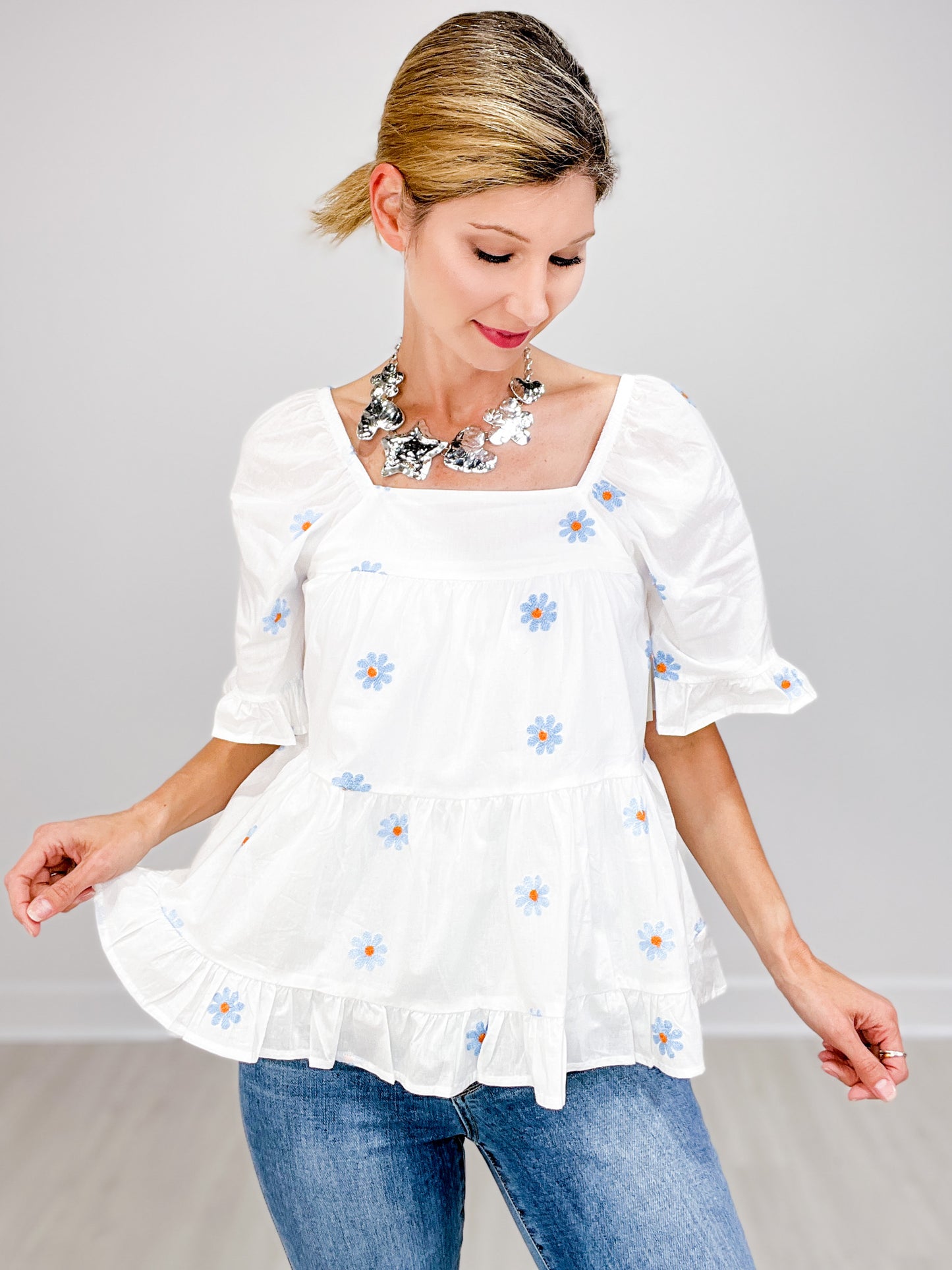 All Over Daisy Embroidered Square Neck Top