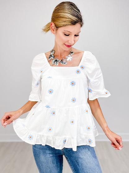 All Over Daisy Embroidered Square Neck Top